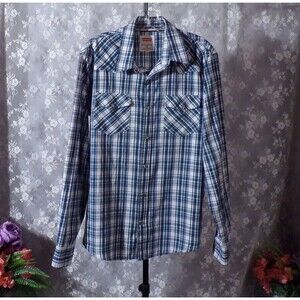 Levi's Modern Plaid Shirt Size Medium Blue White Black Cowboy Western Pearl Snap